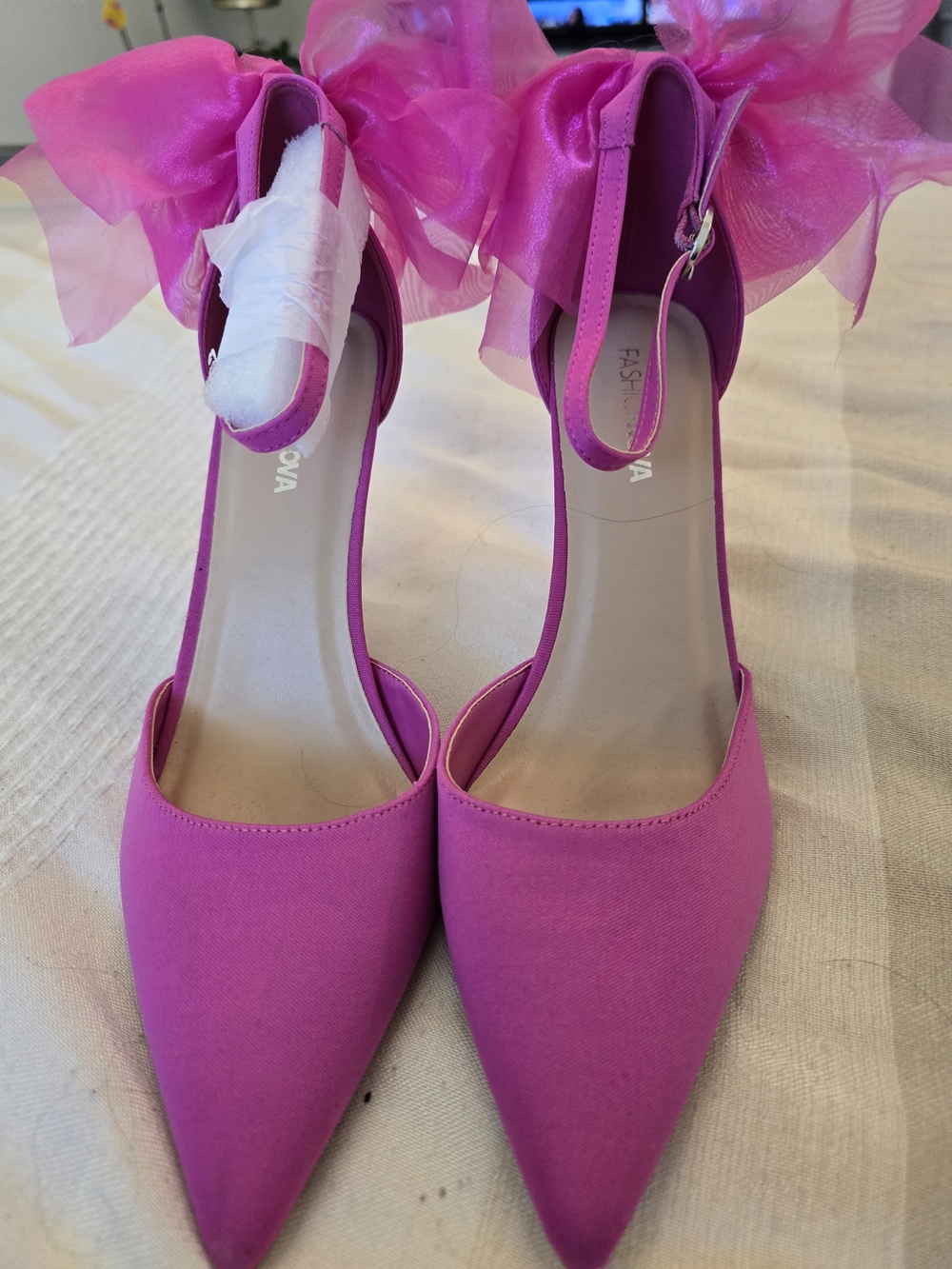 Fashion Nova Hot Pink Pointed Toe Ankle Strap Heels with Organza Bow